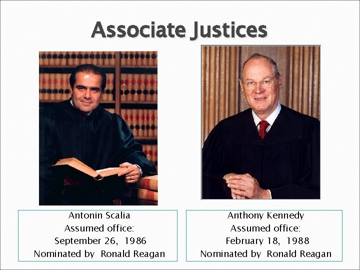 Associate Justices Antonin Scalia Assumed office: September 26, 1986 Nominated by Ronald Reagan Anthony