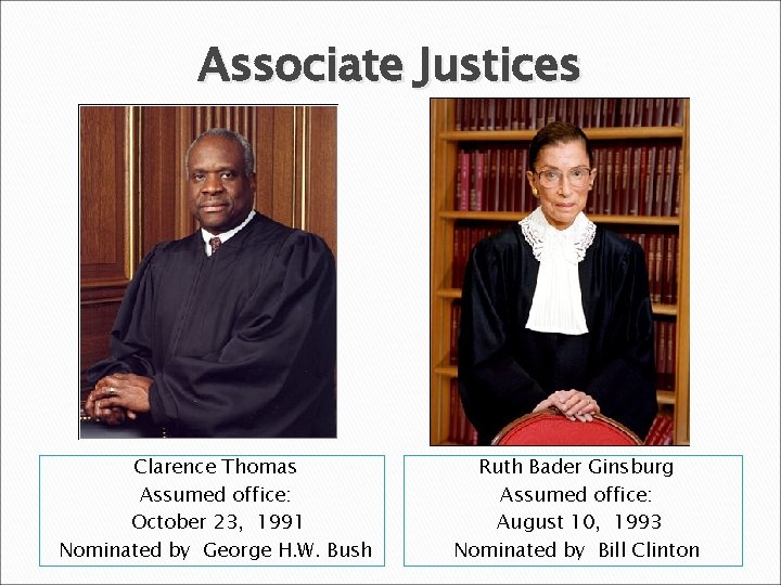 Associate Justices Clarence Thomas Assumed office: October 23, 1991 Nominated by George H. W.