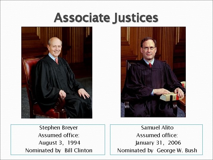 Associate Justices Stephen Breyer Assumed office: August 3, 1994 Nominated by Bill Clinton Samuel