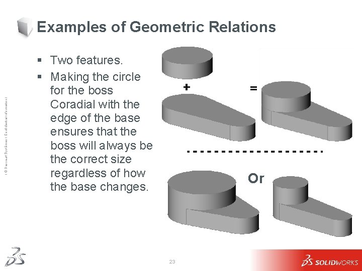 Ι © Dassault Systèmes Ι Confidential Information Ι Examples of Geometric Relations § Two