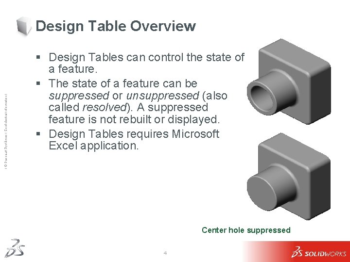 Ι © Dassault Systèmes Ι Confidential Information Ι Design Table Overview § Design Tables
