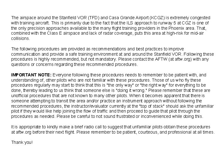 The airspace around the Stanfield VOR (TFD) and Casa Grande Airport (KCGZ) is extremely