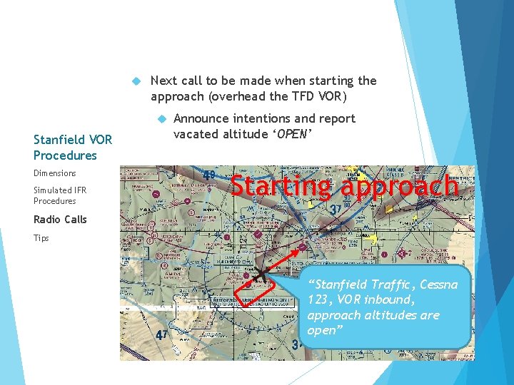  Next call to be made when starting the approach (overhead the TFD VOR)
