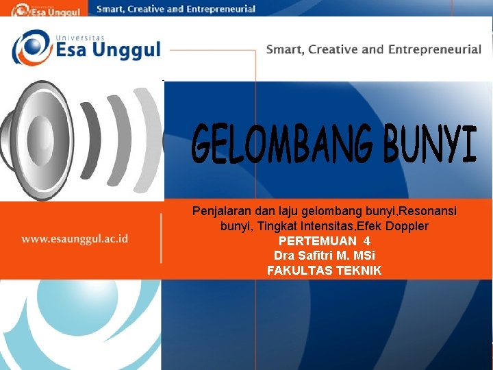 Penjalaran dan laju gelombang bunyi, Resonansi bunyi, Tingkat Intensitas, Efek Doppler PERTEMUAN 4 Dra