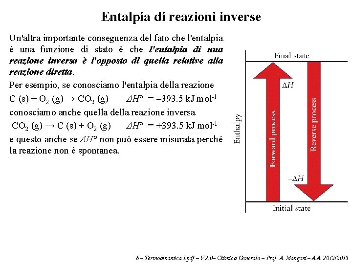 Entalpia di reazioni inverse Un'altra importante conseguenza del fato che l'entalpia è una funzione