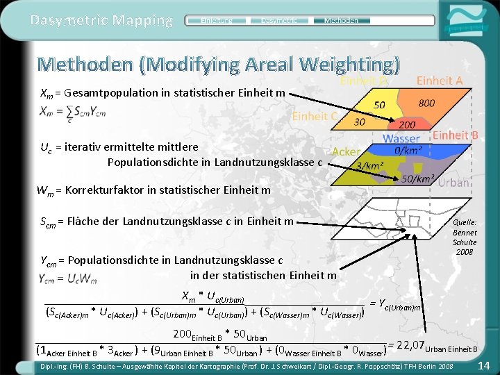 Dasymetric Mapping Methoden (Modifying Areal Weighting) Xm = Gesamtpopulation in statistischer Einheit m Uc