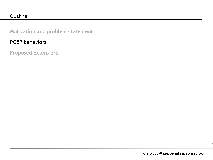 Outline Motivation and problem statement PCEP behaviors Proposed Extensions 5 draft-pouyllau-pce-enhanced-errors-01 