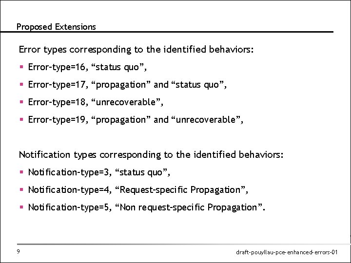 Proposed Extensions Error types corresponding to the identified behaviors: § Error-type=16, “status quo”, §