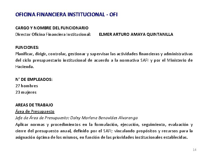 OFICINA FINANCIERA INSTITUCIONAL - OFI CARGO Y NOMBRE DEL FUNCIONARIO Director Oficina Financiera Institucional: