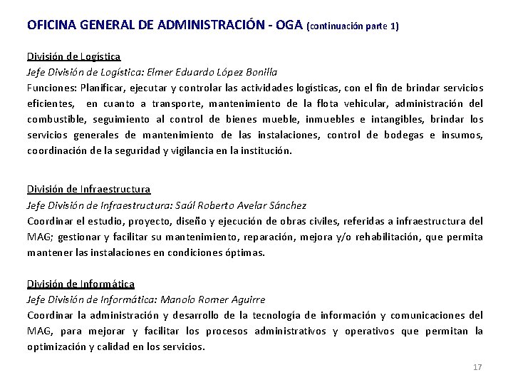 OFICINA GENERAL DE ADMINISTRACIÓN - OGA (continuación parte 1) División de Logística Jefe División