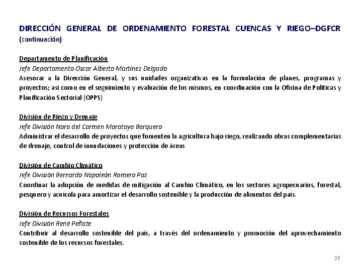 DIRECCIÓN GENERAL DE ORDENAMIENTO FORESTAL CUENCAS Y RIEGO–DGFCR (continuación) Departamento de Planificación Jefe Departamento