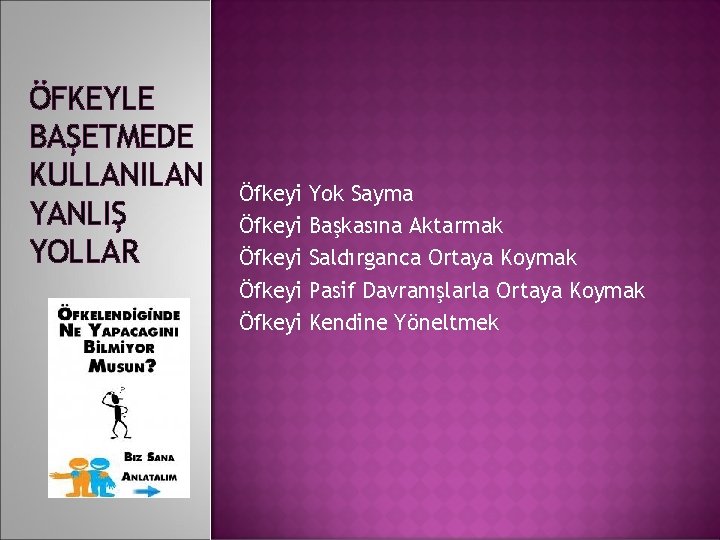 ÖFKEYLE BAŞETMEDE KULLANILAN YANLIŞ YOLLAR Öfkeyi Öfkeyi Yok Sayma Başkasına Aktarmak Saldırganca Ortaya Koymak