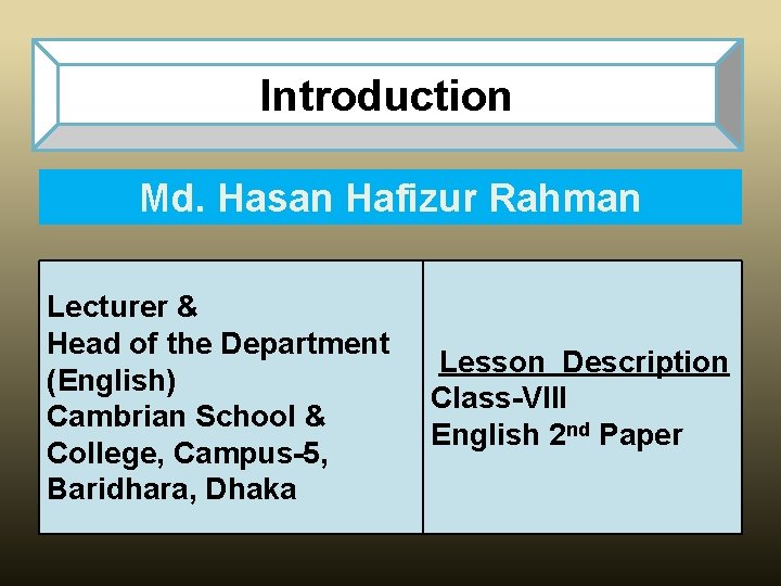 Introduction Md. Hasan Hafizur Rahman Lecturer & Head of the Department (English) Cambrian School
