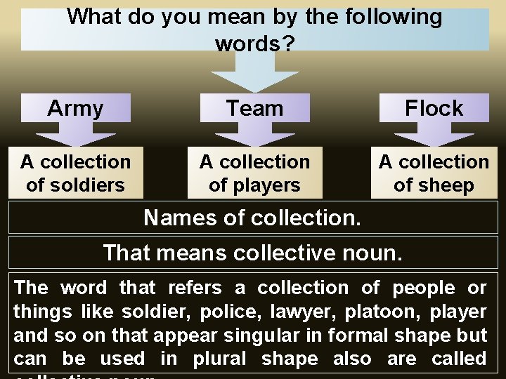 What do you mean by the following words? Army Team Flock A collection of