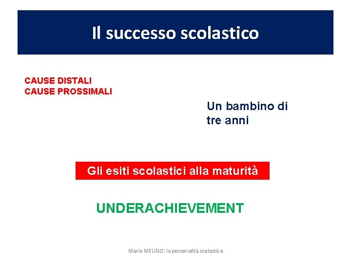 Il successo scolastico CAUSE DISTALI CAUSE PROSSIMALI Un bambino di tre anni Gli esiti