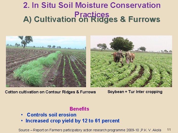 2. In Situ Soil Moisture Conservation Practices A) Cultivation on Ridges & Furrows Cotton