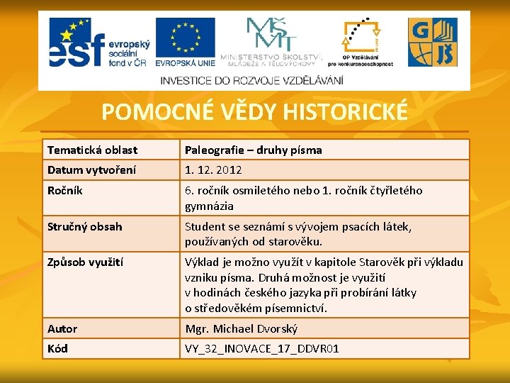 POMOCNÉ VĚDY HISTORICKÉ Tematická oblast Paleografie – druhy písma Datum vytvoření 1. 12. 2012