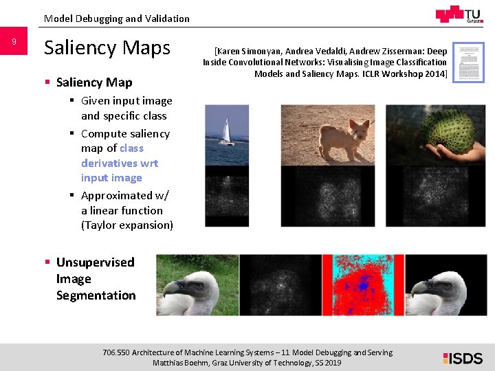 Model Debugging and Validation 9 Saliency Maps § Saliency Map [Karen Simonyan, Andrea Vedaldi,