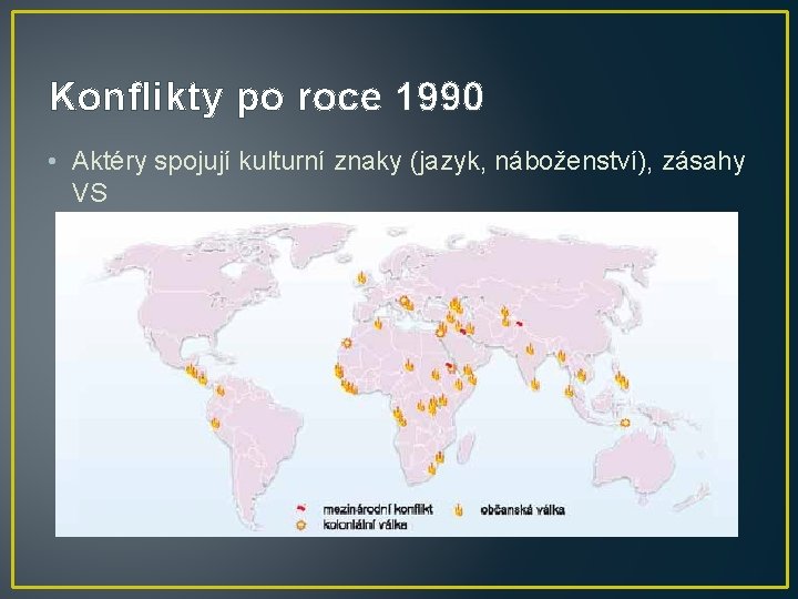 Konflikty po roce 1990 • Aktéry spojují kulturní znaky (jazyk, náboženství), zásahy VS 