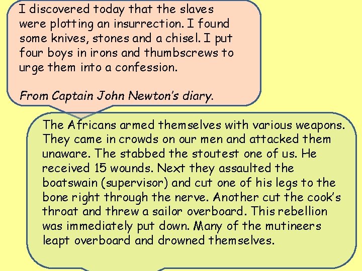 I discovered today that the slaves were plotting an insurrection. I found some knives,