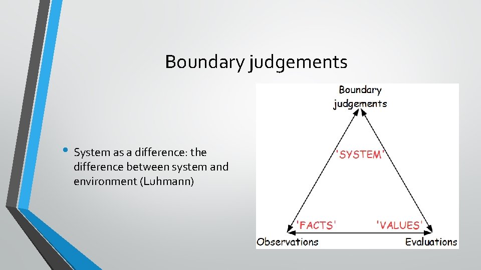 Boundary judgements • System as a difference: the difference between system and environment (Luhmann) Boundary judgements • System as a difference: the difference between system and environment (Luhmann)