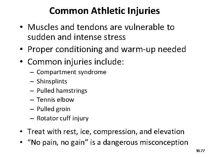 Common Athletic Injuries • Muscles and tendons are vulnerable to sudden and intense stress