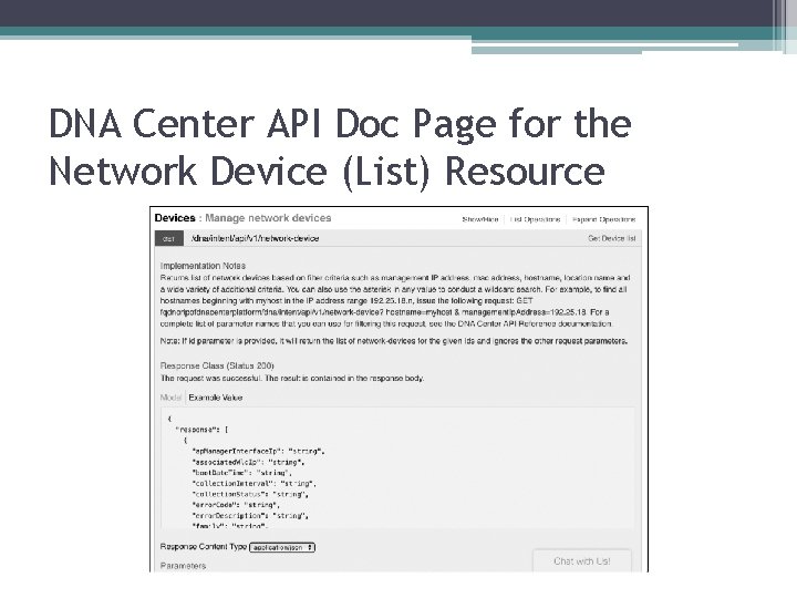 DNA Center API Doc Page for the Network Device (List) Resource 