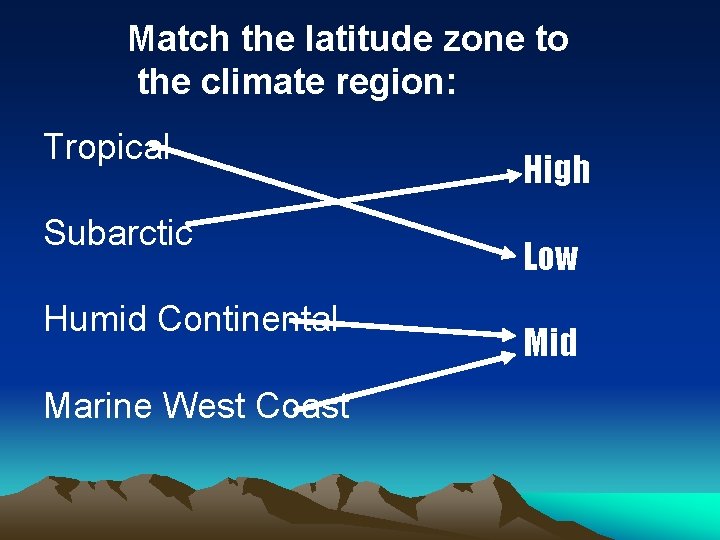 Match the latitude zone to the climate region: Tropical Subarctic Humid Continental Marine West Match the latitude zone to the climate region: Tropical Subarctic Humid Continental Marine West
