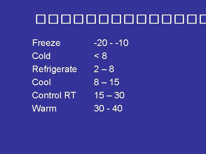 ������� Freeze Cold Refrigerate Cool Control RT Warm -20 - -10 <8 2– 8