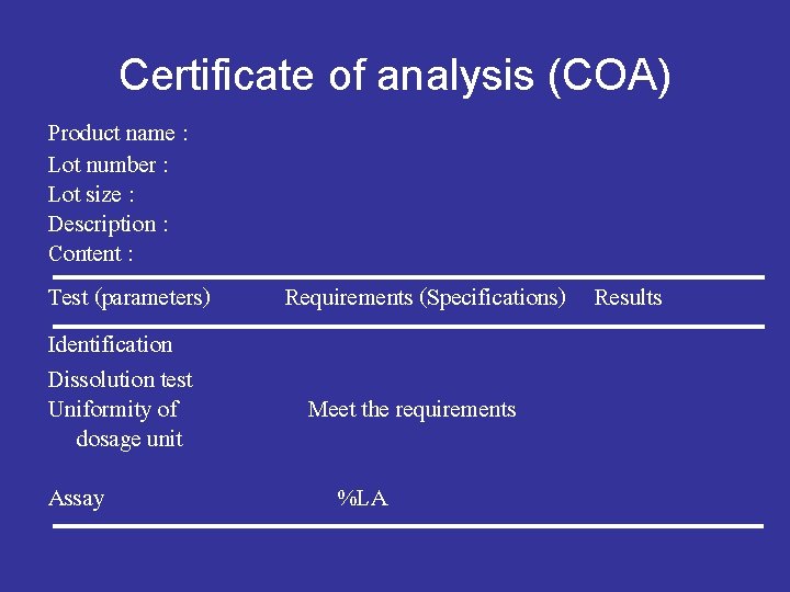 Certificate of analysis (COA) Product name : Lot number : Lot size : Description