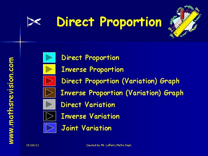 www. mathsrevision. com Direct Proportion Inverse Proportion Direct Proportion (Variation) Graph Inverse Proportion (Variation)