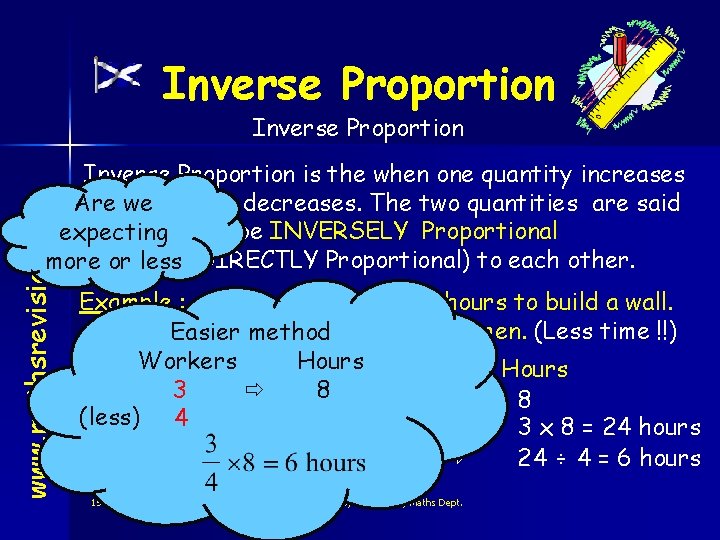 Inverse Proportion www. mathsrevision. com Inverse Proportion is the when one quantity increases and