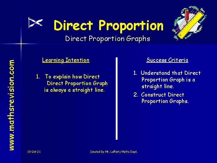Direct Proportion www. mathsrevision. com Direct Proportion Graphs Learning Intention Success Criteria 1. To