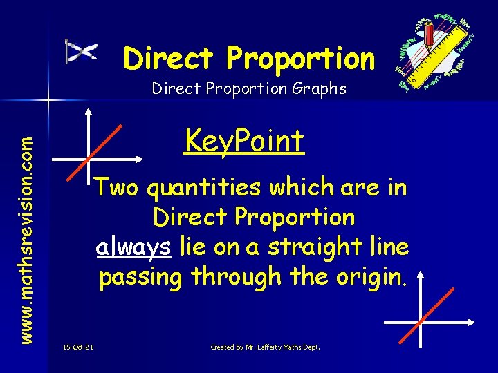 Direct Proportion www. mathsrevision. com Direct Proportion Graphs Key. Point Two quantities which are