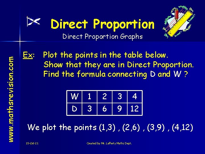 Direct Proportion www. mathsrevision. com Direct Proportion Graphs Ex: Plot the points in the