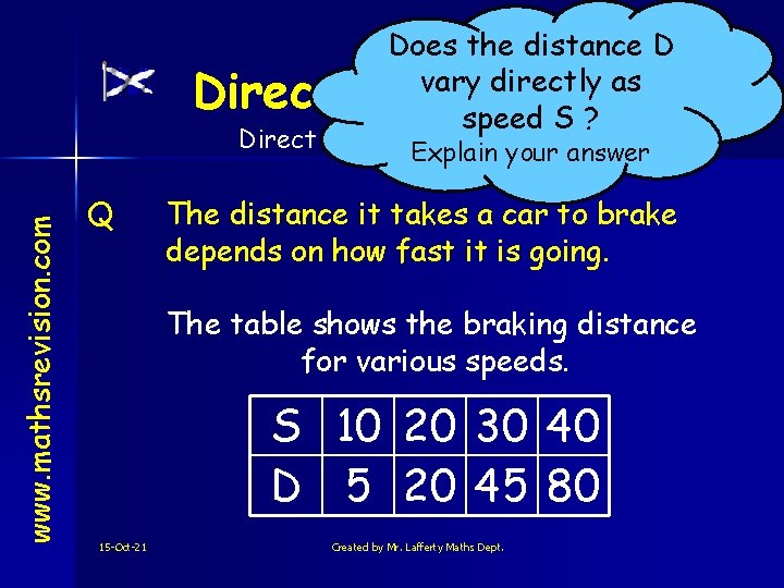 Direct Does the distance D vary directly as Proportion speed S ? www. mathsrevision.