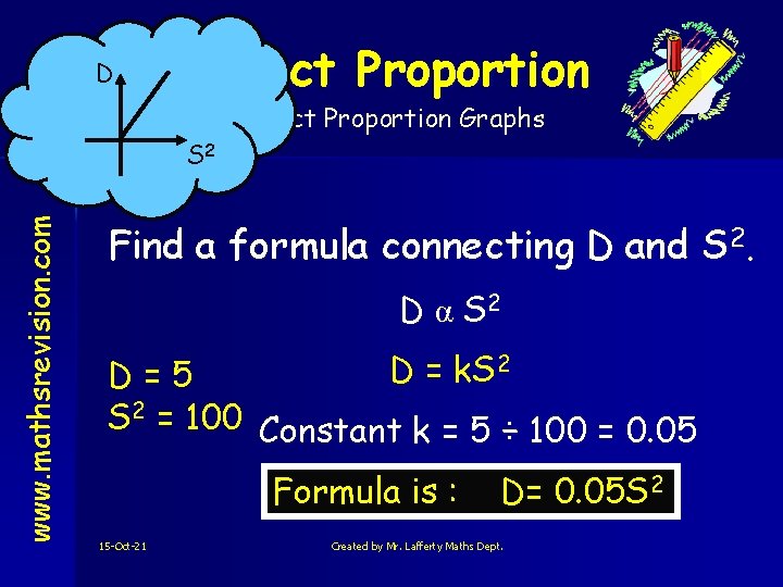 D Direct Proportion Graphs www. mathsrevision. com S 2 Find a formula connecting D