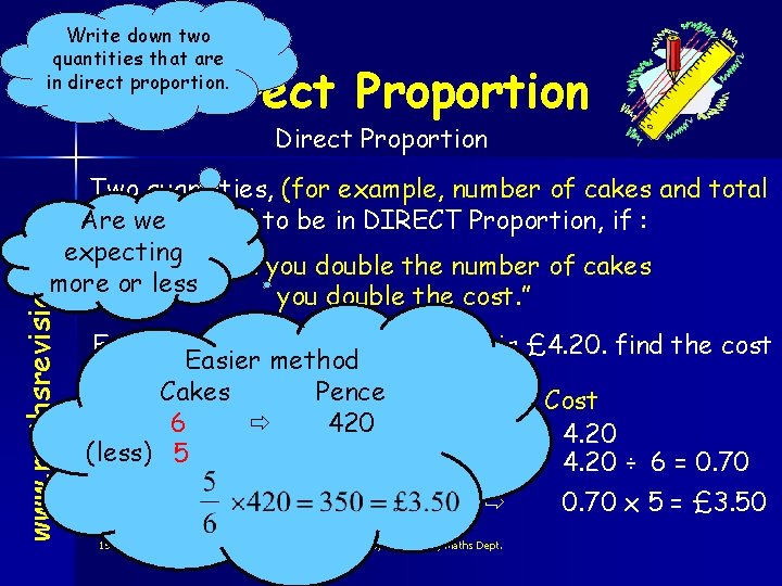 Write down two quantities that are in direct proportion. Direct Proportion www. mathsrevision. com