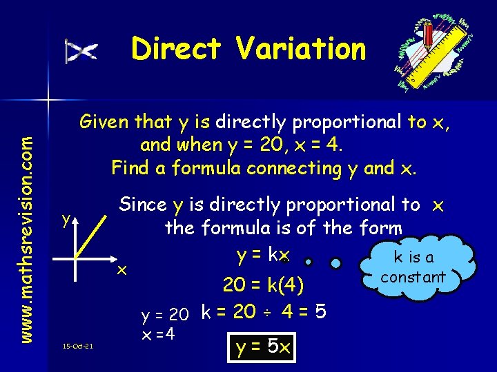 www. mathsrevision. com Direct Variation Given that y is directly proportional to x, and