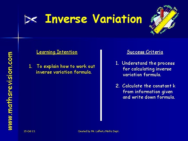 www. mathsrevision. com Inverse Variation Learning Intention Success Criteria 1. To explain how to