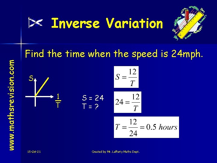 www. mathsrevision. com Inverse Variation Find the time when the speed is 24 mph.