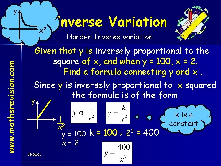 y www. mathsrevision. com x 2 Inverse Variation Harder Inverse variation Given that y