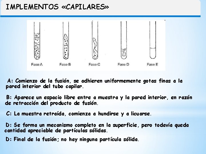 IMPLEMENTOS «CAPILARES» A: Comienzo de la fusión, se adhieren uniformemente gotas finas a la