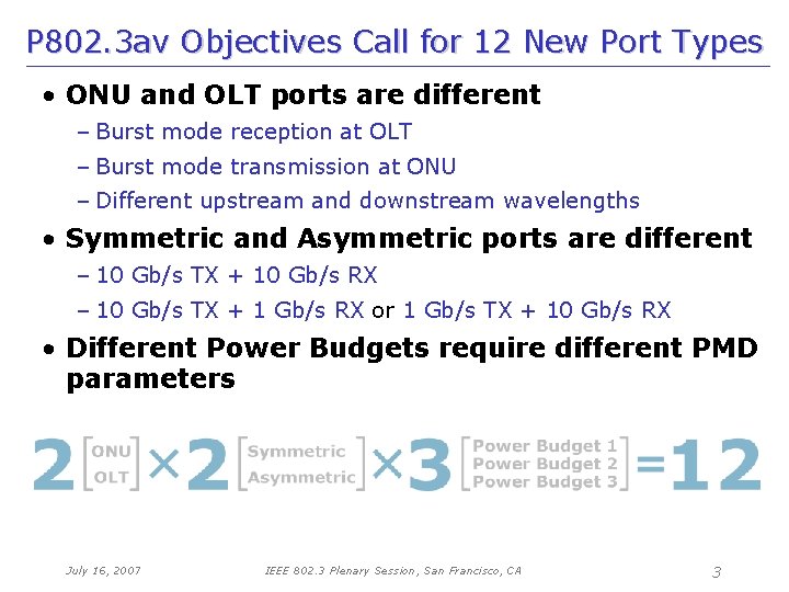 P 802. 3 av Objectives Call for 12 New Port Types • ONU and