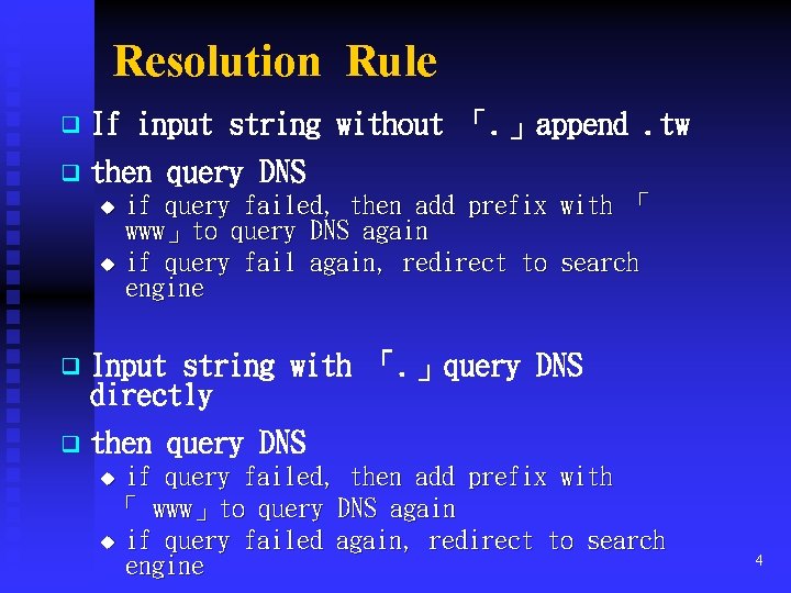 Resolution Rule q If input string without 「. 」append. tw q then query DNS