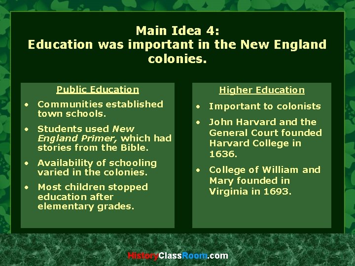 Main Idea 4: Education was important in the New England colonies. Public Education •