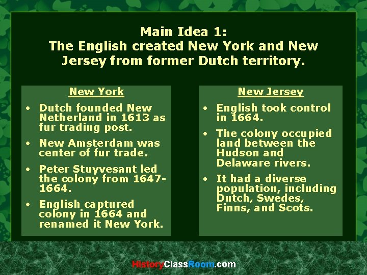 Main Idea 1: The English created New York and New Jersey from former Dutch