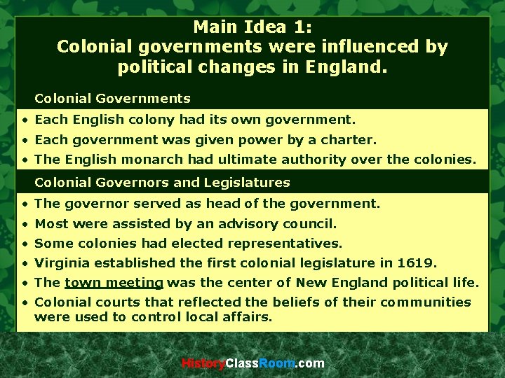 Main Idea 1: Colonial governments were influenced by political changes in England. Colonial Governments