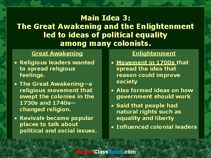 Main Idea 3: The Great Awakening and the Enlightenment led to ideas of political