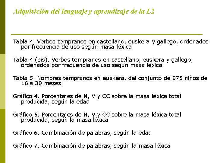 Adquisición del lenguaje y aprendizaje de la L 2 Tabla 4. Verbos tempranos en